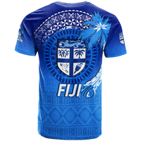 Blue Fiji tribal coconut tree T-shirt with large crest and palm tree back graphic
