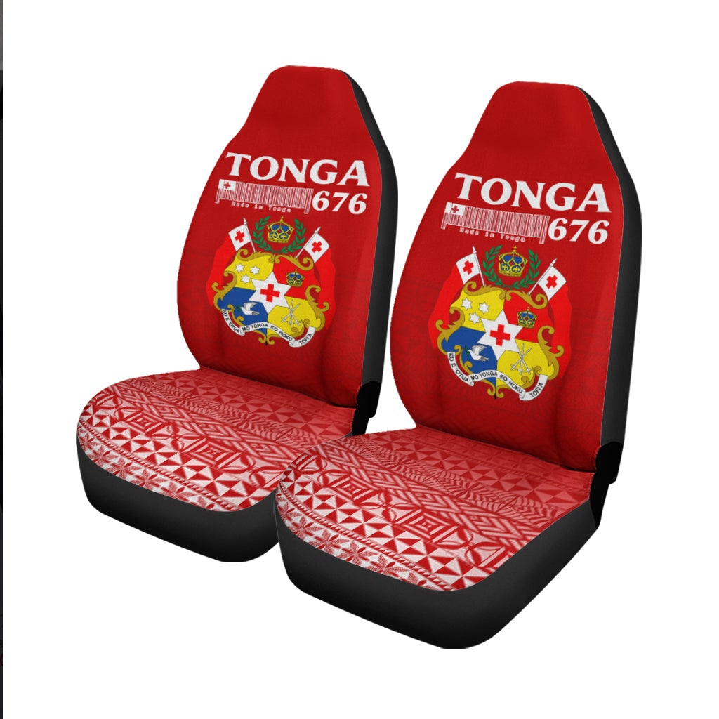Pair of red Tonga 676 front seat covers with crest and red geometric cushion