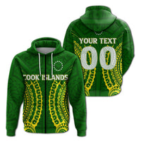 Green tribal zip hoodie, hood and white drawstrings; 'COOK ISLANDS' on front.