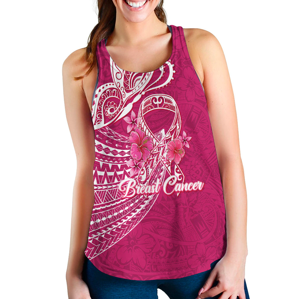 Women’s pink tank top with white Polynesian-style floral butterfly breast-cancer graphic