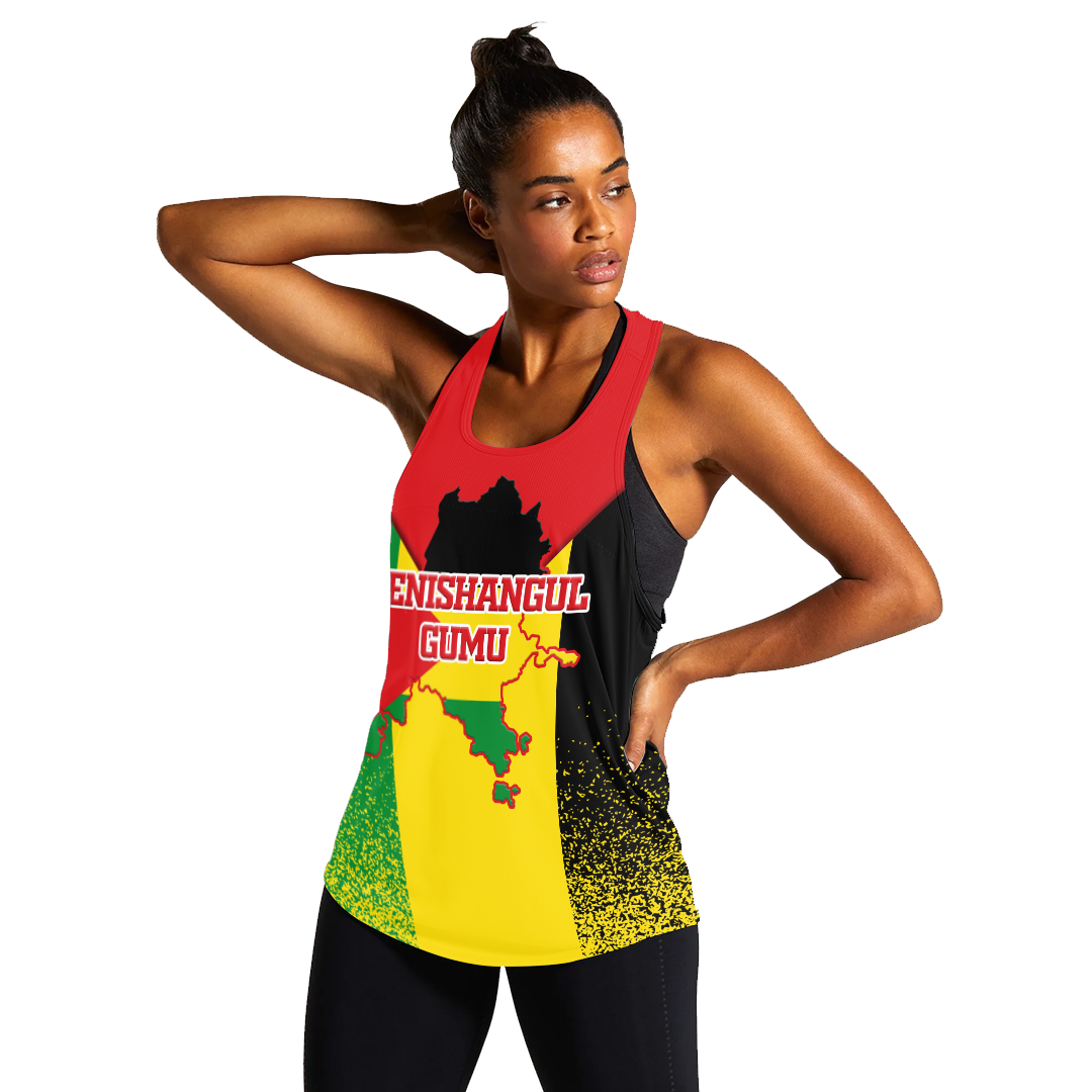 Red sleeveless tank top with Benishangul-Gumuz Gumu text and yellow-green map print