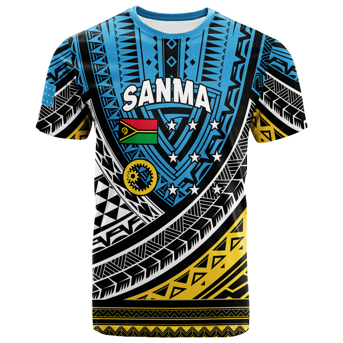 Blue crew-neck T-shirt with Sanma tribal motif, bold black white and yellow designs