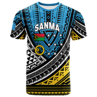 Blue crew-neck T-shirt with Sanma tribal motif, bold black white and yellow designs