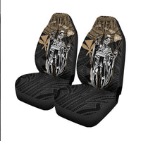 Pair of black front seat covers with gold patterned tops and Kamehameha warrior print