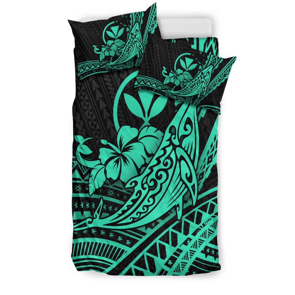 Hawaii Humpback Whale With Hibiscus Tribal Turquoise Bedding Set LT12 - Wonder Print Shop