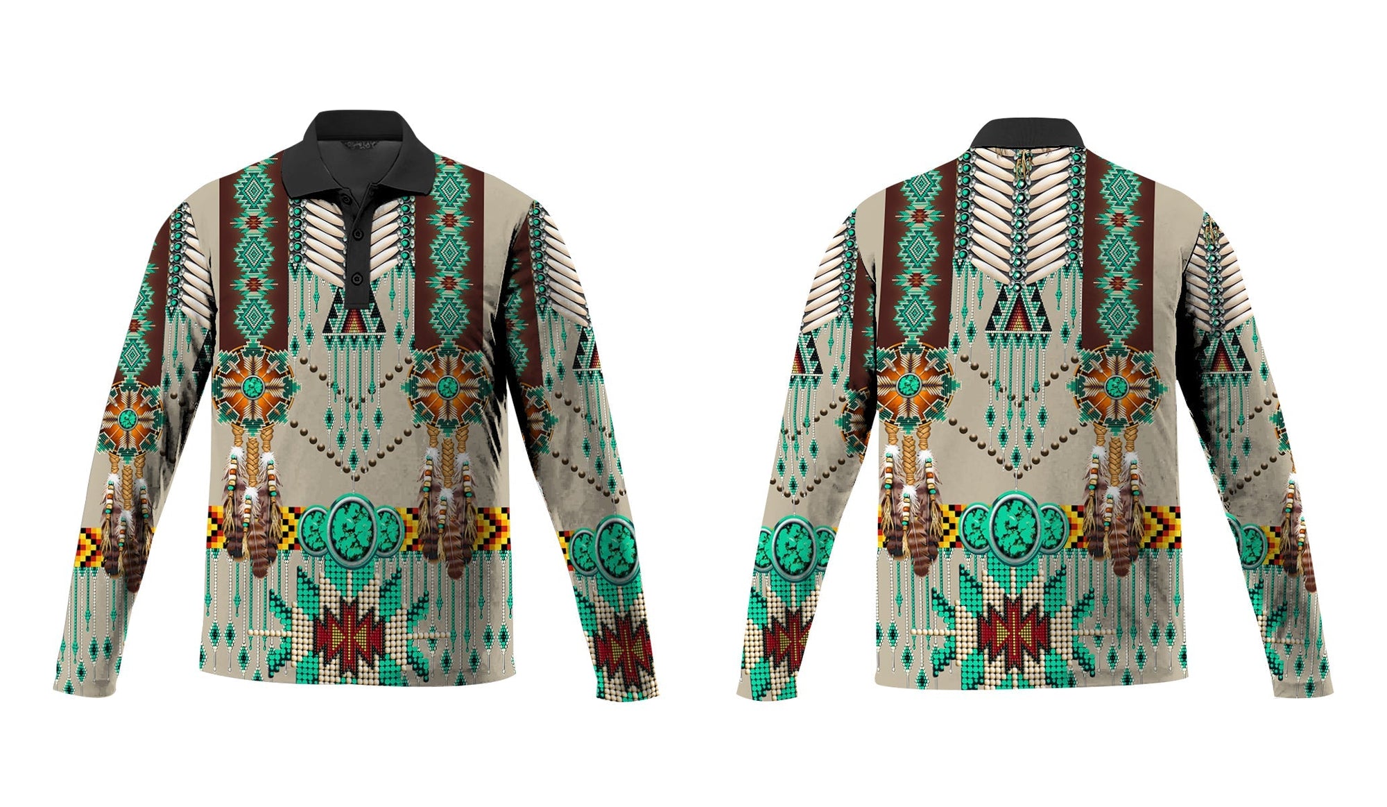 native-american-green-pattern-breastplate-polo-long-sleeve