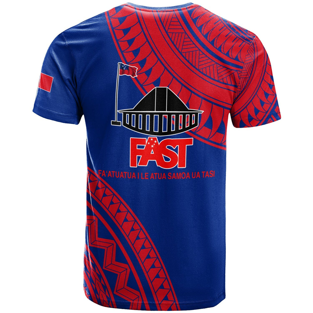 Blue back T-shirt with red Samoan pattern, FAST logo and slogan text