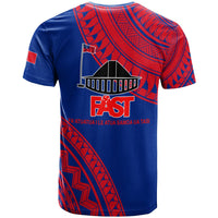 Blue back T-shirt with red Samoan pattern, FAST logo and slogan text