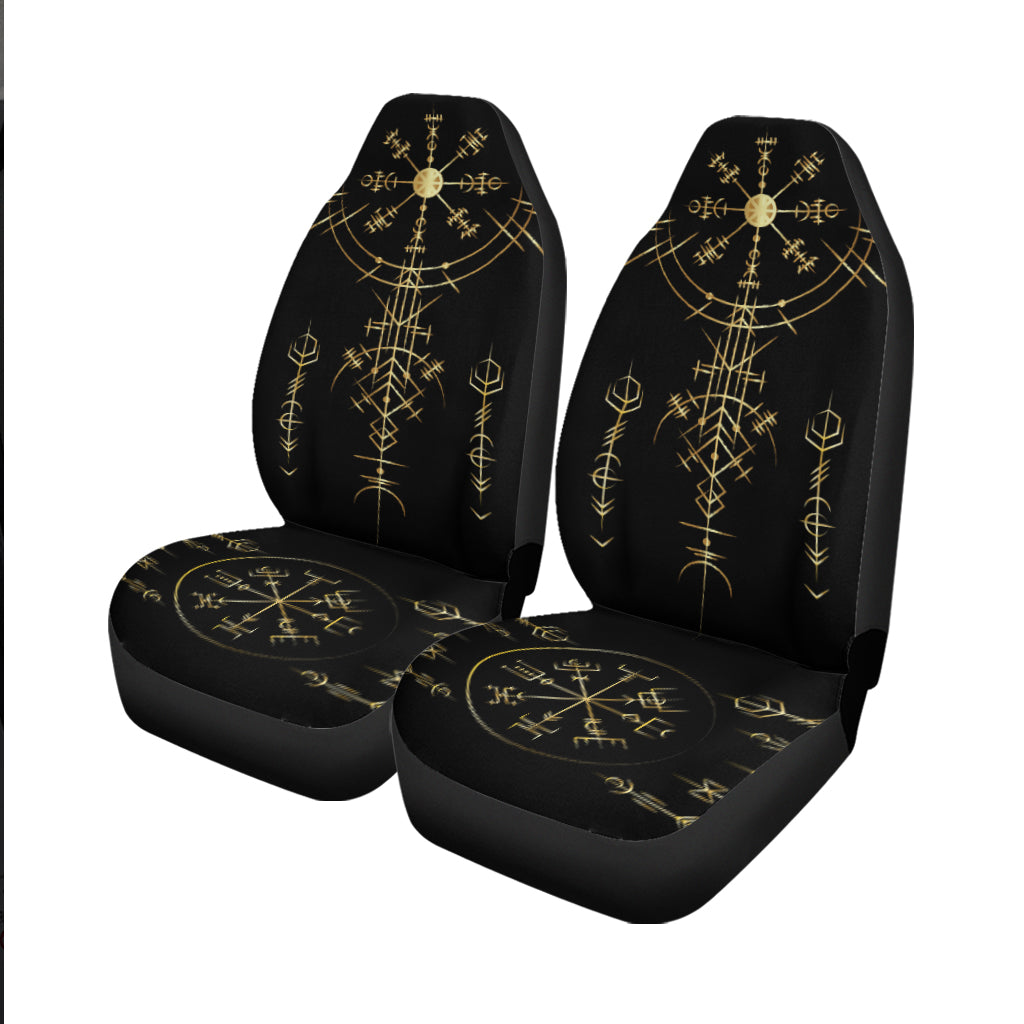 Pair of black front seat covers featuring gold compass and runic pattern