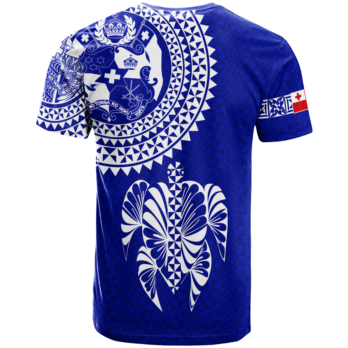 Blue T-shirt with large white patterned flower graphic and crest on back
