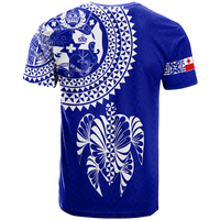 Blue T-shirt with large white patterned flower graphic and crest on back