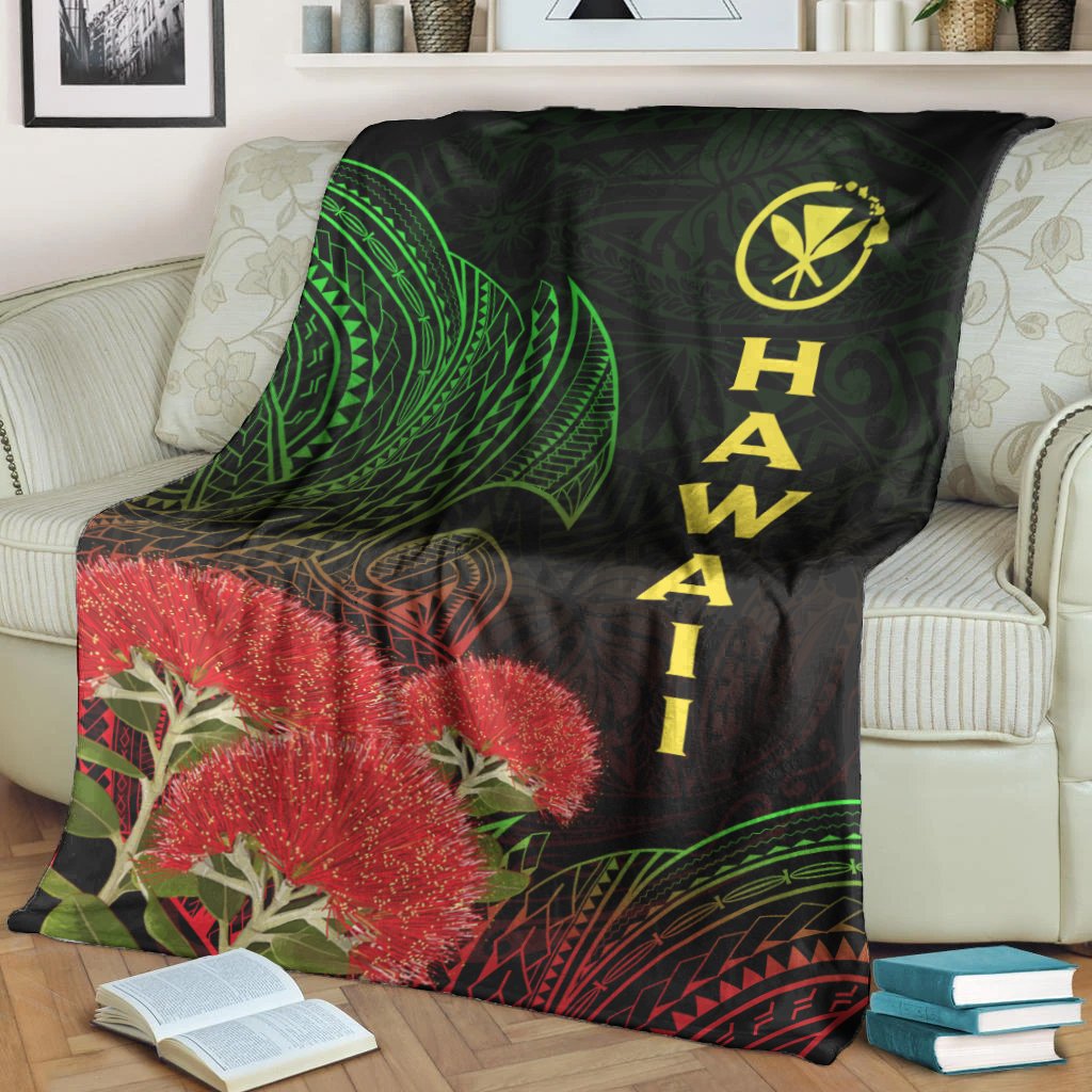 Black Hawaii Polynesian throw blanket with green tribal waves, red ohia flowers, yellow “HAWAII”