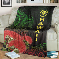 Black Hawaii Polynesian throw blanket with green tribal waves, red ohia flowers, yellow “HAWAII”