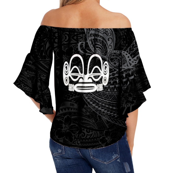 Marquesan Butterfly Dark Grey Polynesian Black Version Off Shoulder Waist Wrap Top - LT12
