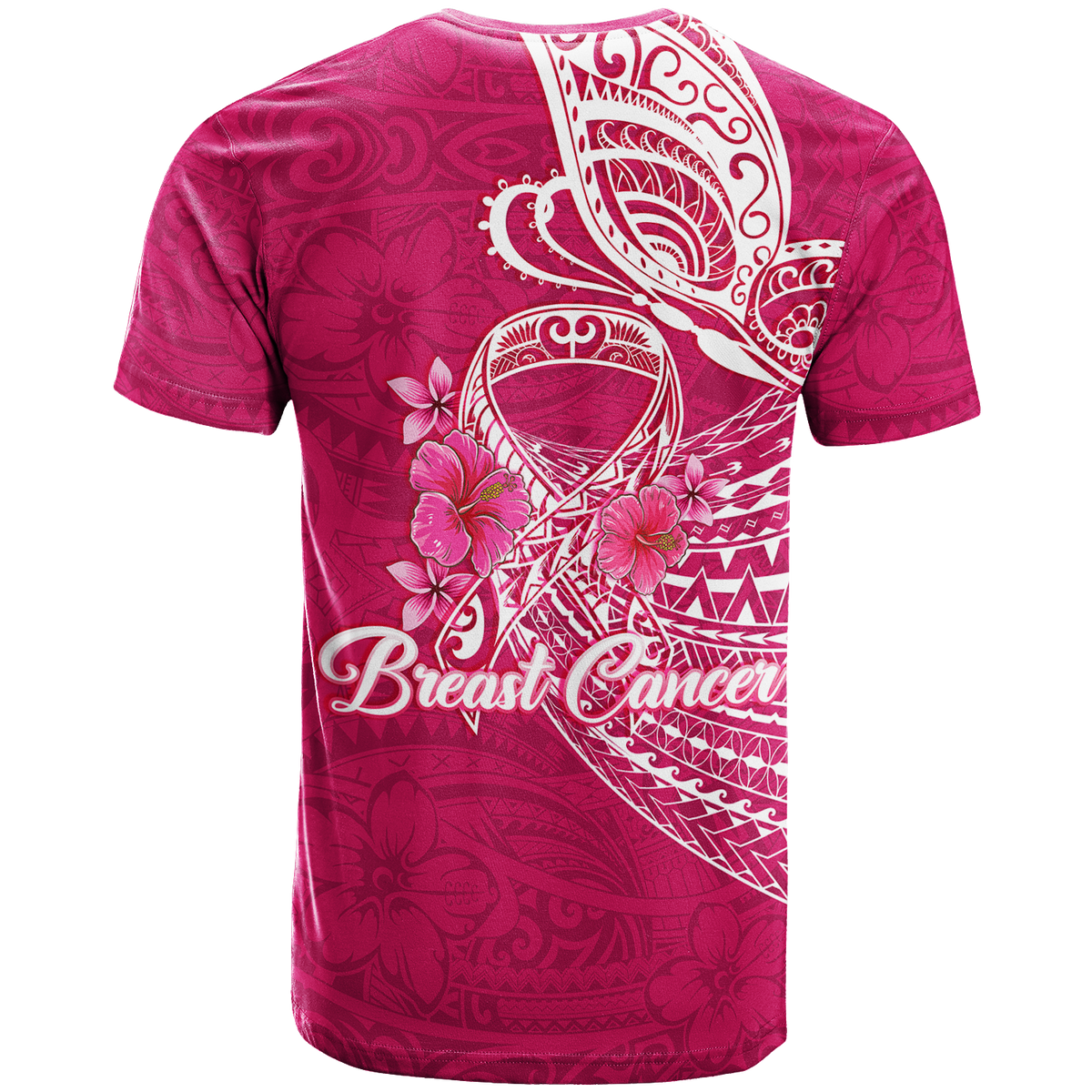 Pink round-neck T-shirt with Breast Cancer ribbon, floral and butterfly graphic on back