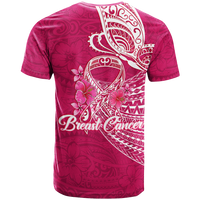 Pink round-neck T-shirt with Breast Cancer ribbon, floral and butterfly graphic on back