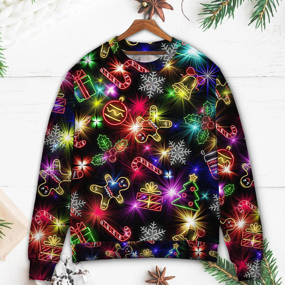 Christmas With Tree And Gift Cookies Gingerbread Man Neon Style Ugly Christmas Sweater - Wonder Print Shop