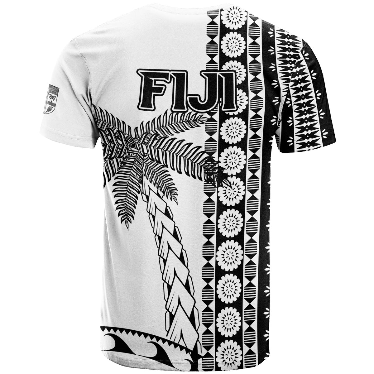 Back view white Fiji rugby T-shirt with tapa pattern, palm leaves and FIJI logo print