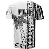 Back view white Fiji rugby T-shirt with tapa pattern, palm leaves and FIJI logo print