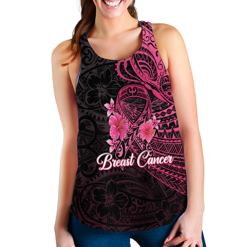 Women’s black sleeveless tank top with pink heart, flowers, and Breast Cancer text