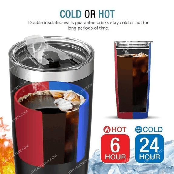 Double-insulated tumbler graphic showing cold 24 hours and hot 6 hours with lid
