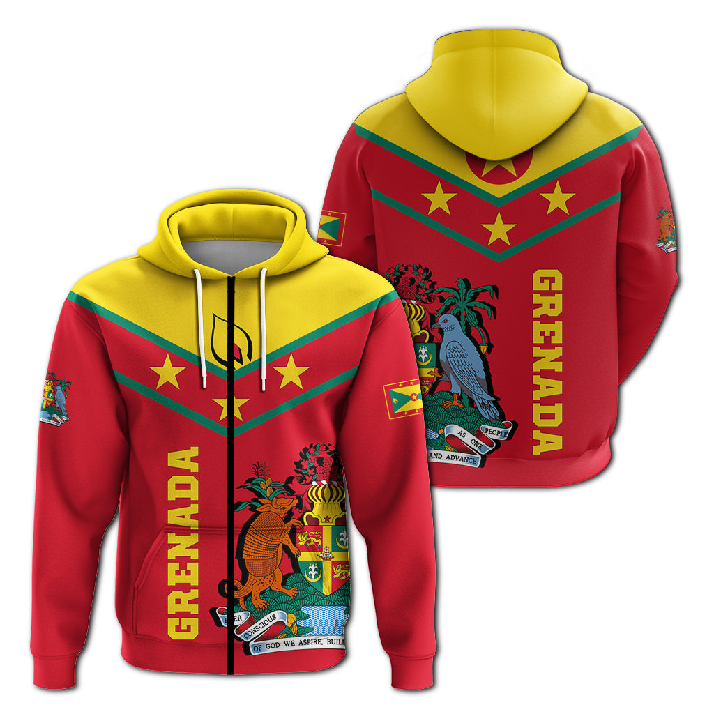 Red hooded pullover hoodie showing front crest and back "Grenada" text graphic with stars.