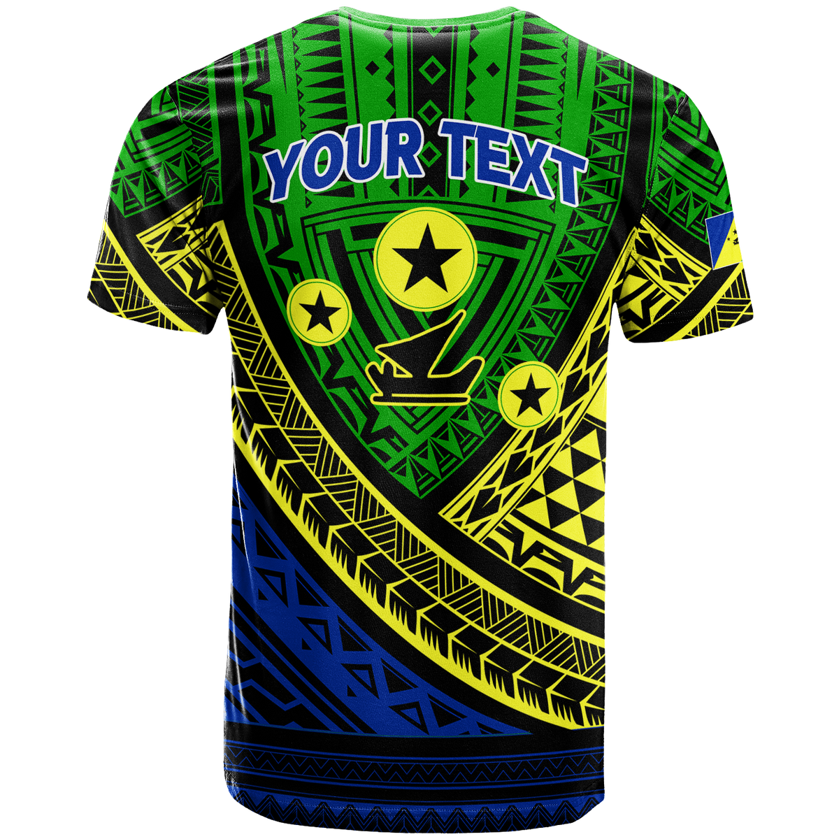 Green tribal T-shirt with 'YOUR TEXT' and star shield graphic