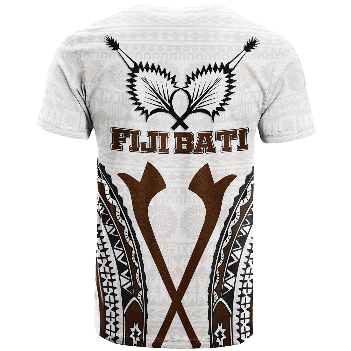 Fiji Bati tapa pattern T-shirt, white—back graphic with 'Fiji Bati' and large brown V-shape