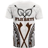 Fiji Bati tapa pattern T-shirt, white—back graphic with 'Fiji Bati' and large brown V-shape