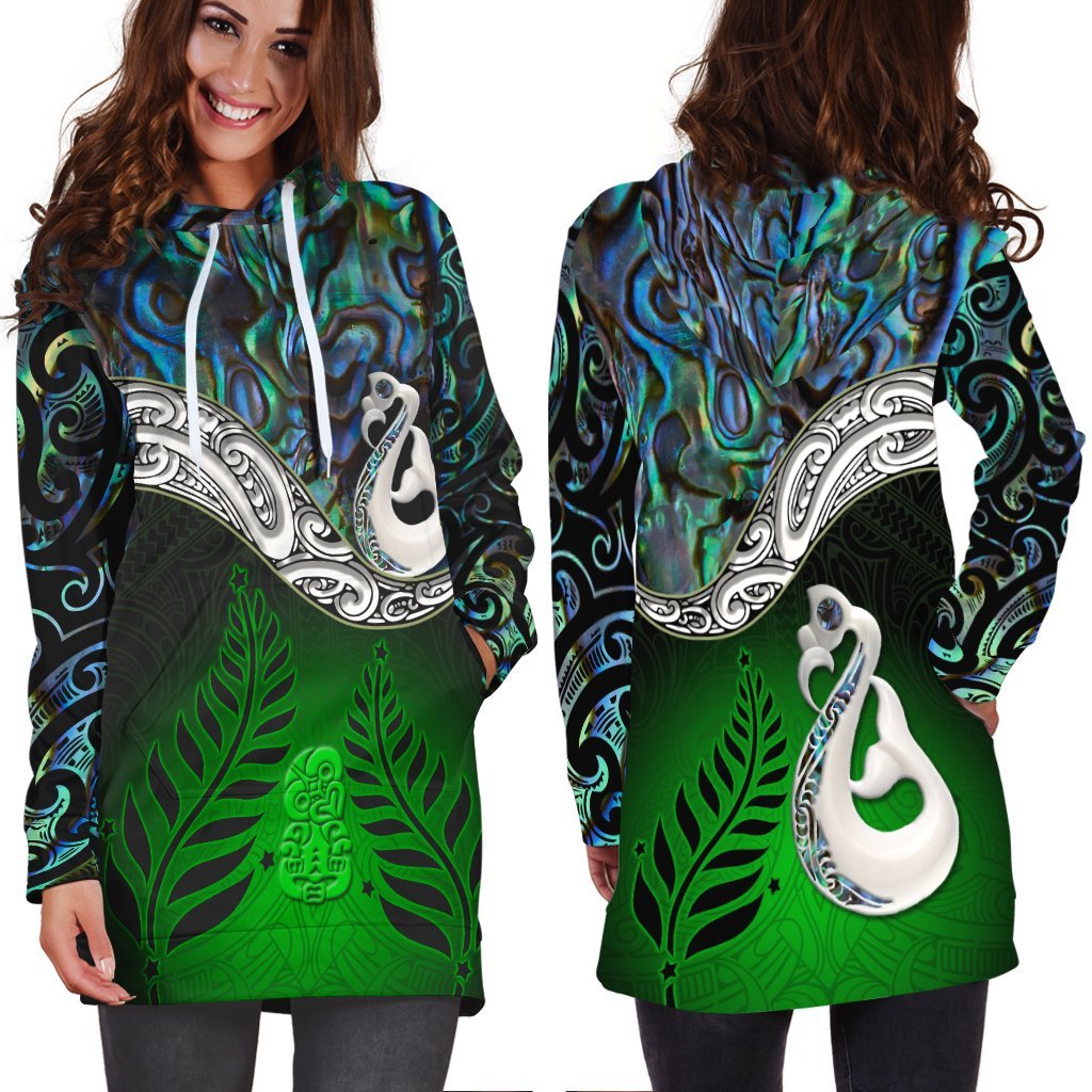 New Zealand Maori Hoodie Dress Manaia Paua Shell Glitter Green LT4 - Wonder Print Shop