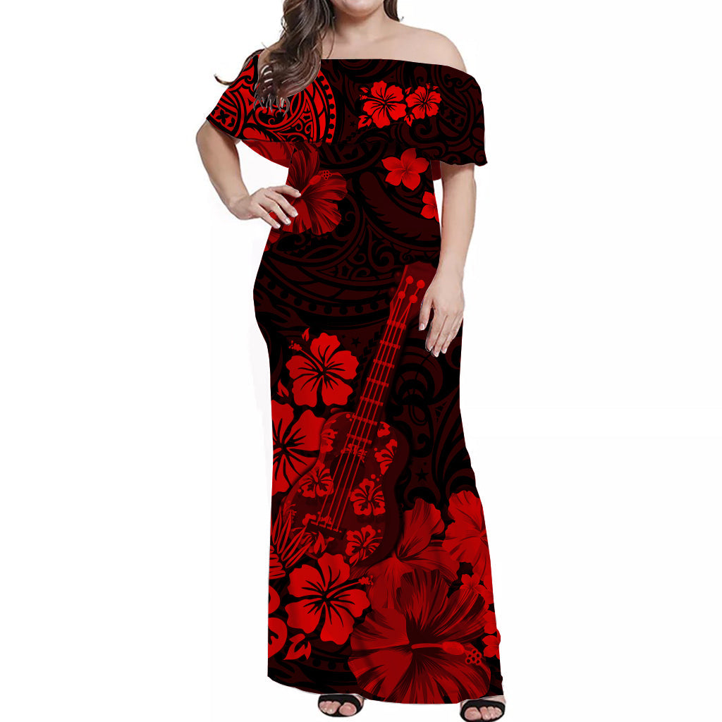 hawaii-off-shoulder-long-dress-polynesia-red-ukulele-flowers