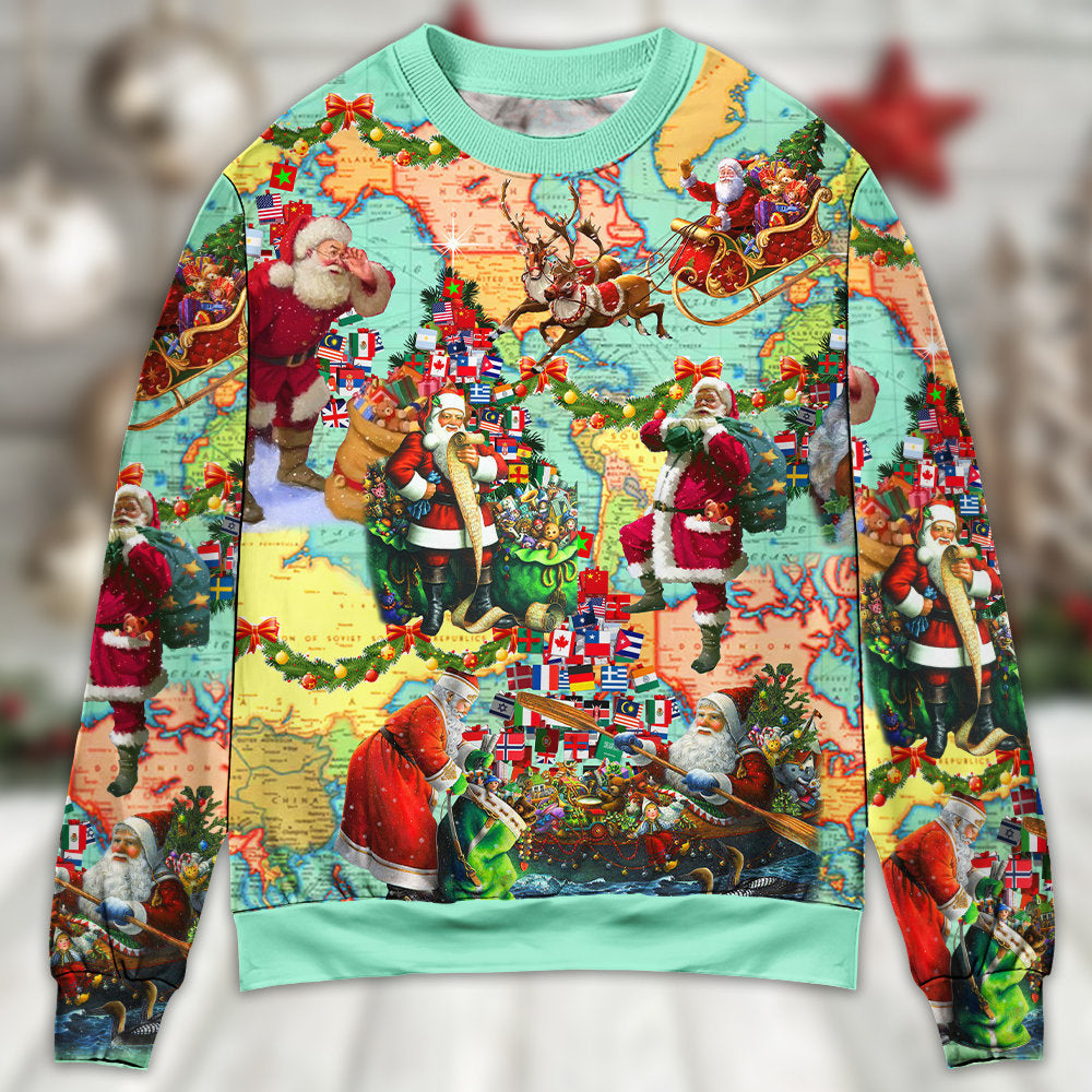 Chirstmas Love Santa World Map Ugly Christmas Sweater - Wonder Print Shop