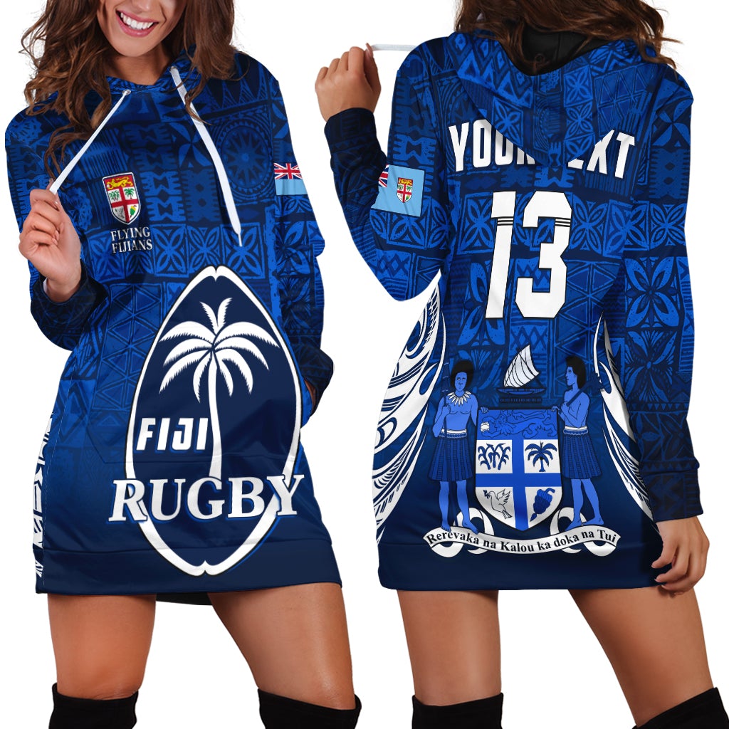 (Custom Text and Number ) Fiji Rugby Hoodie Dress Flying Fijians Blue Tapa Pattern LT13 - Wonder Print Shop