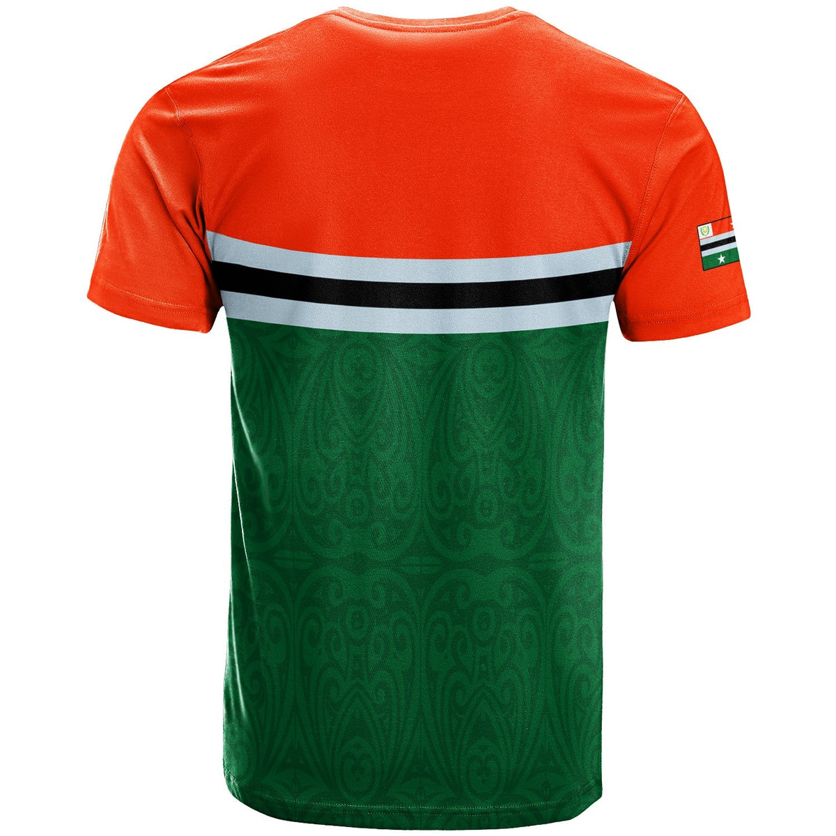 Back view Penama flag-style T-shirt, orange-red top and green patterned panel