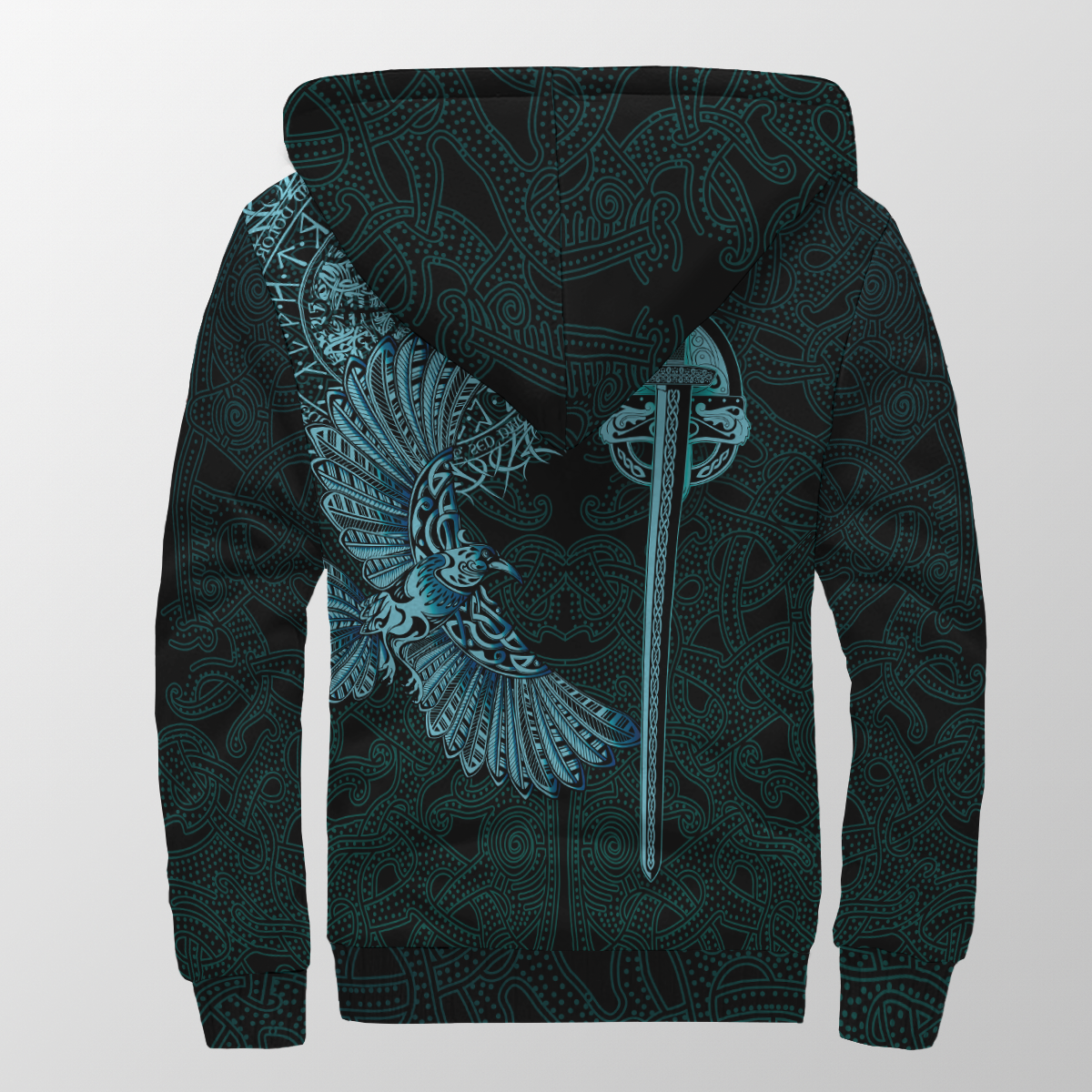 Back view black sherpa hoodie with teal pattern and large raven feather tattoo