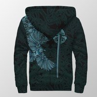 Back view black sherpa hoodie with teal pattern and large raven feather tattoo