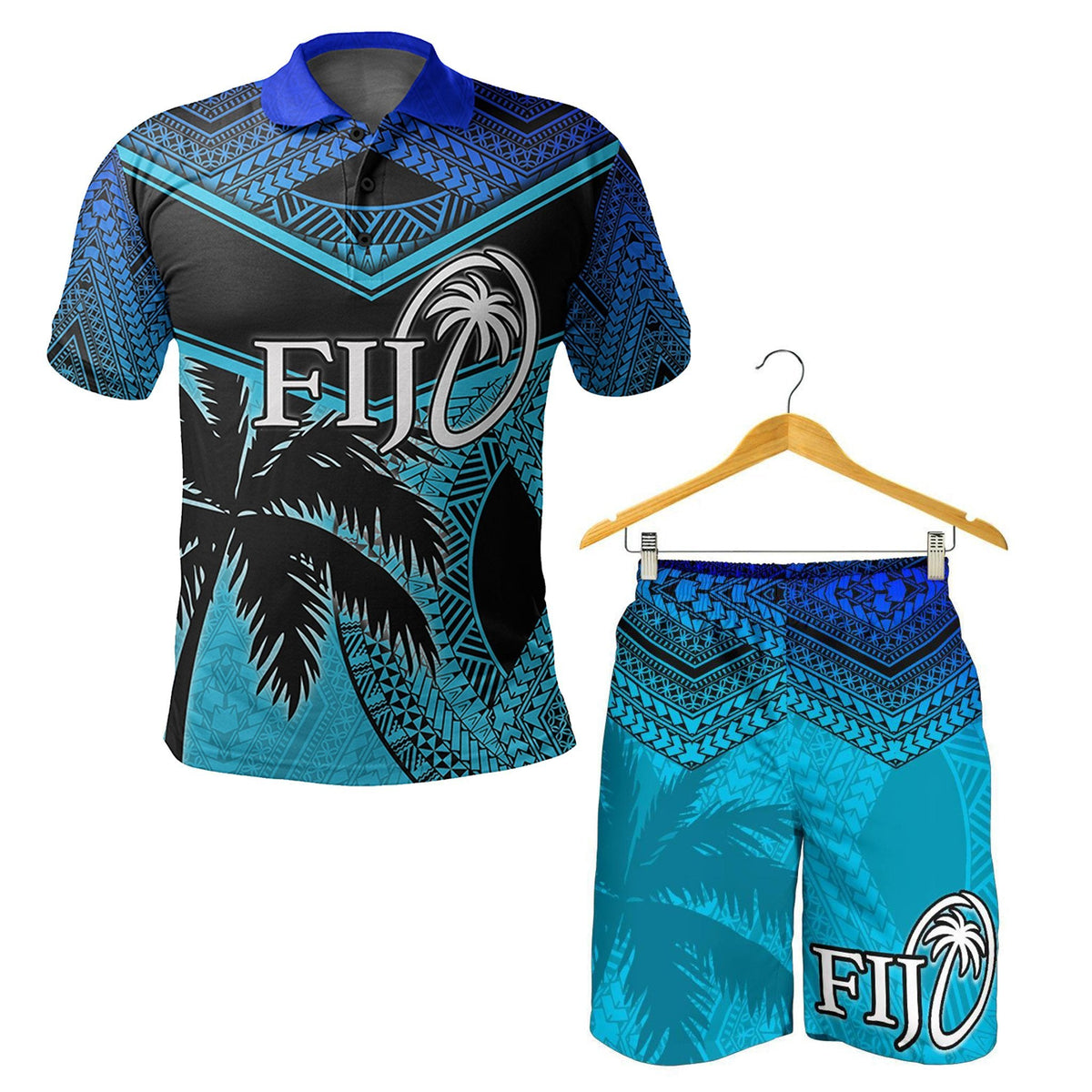 Combo Polo Shirt and Men Short Fiji Rugby Polynesian Blue - Wonder Print Shop