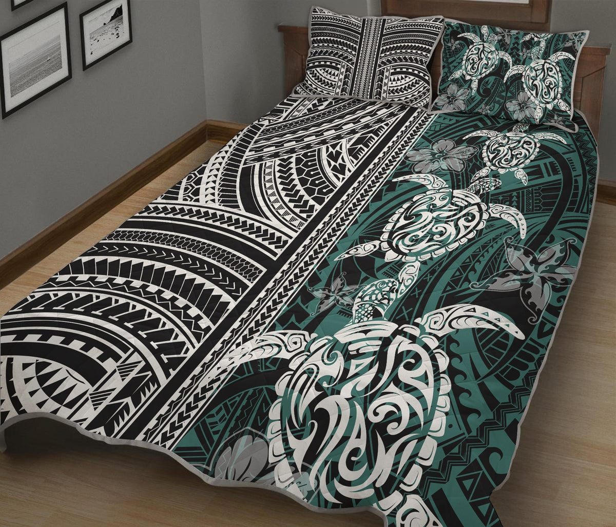 Polynesian Quilt Bed Set Turtle With Ethnic Motives and Floral Elements LT20 - Wonder Print Shop