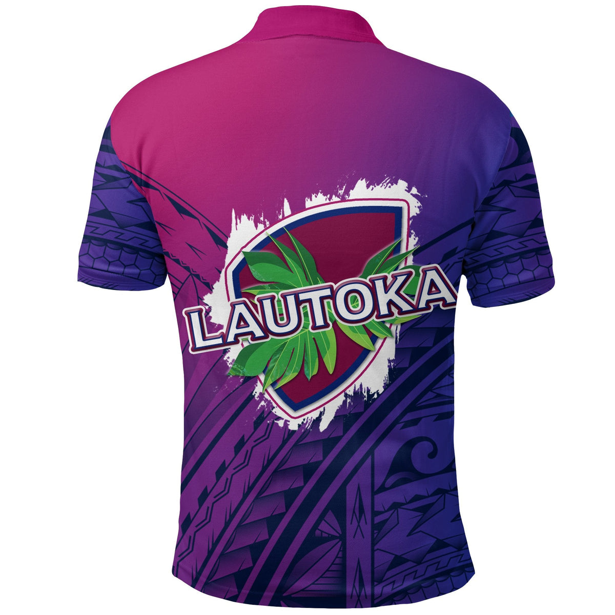 Back view rugby polo with Lautoka crest and purple/dark blue geometric tribal pattern