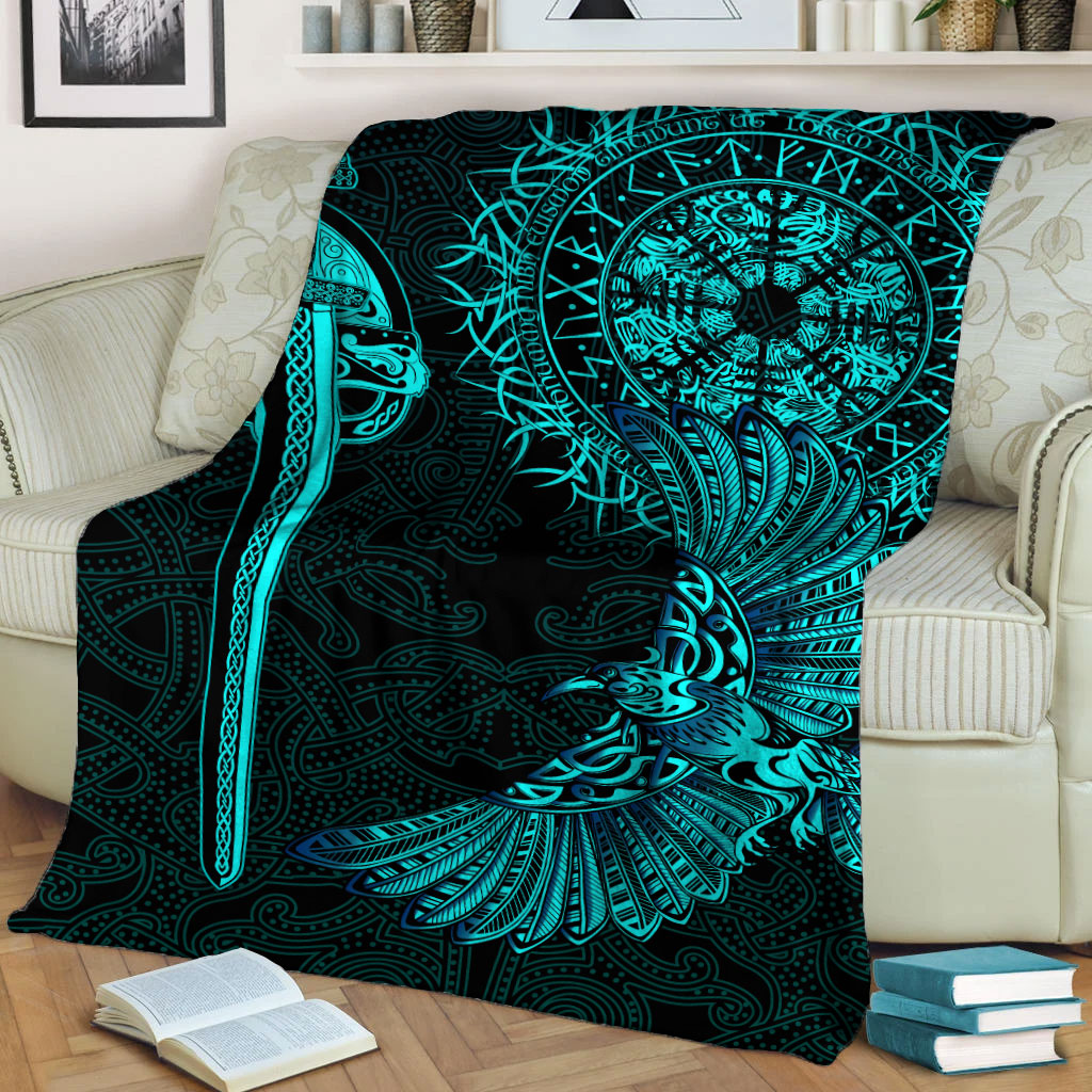 Black draped blanket with teal circular raven and ornate rune tattoo design