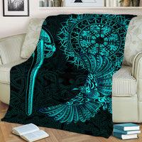 Black draped blanket with teal circular raven and ornate rune tattoo design