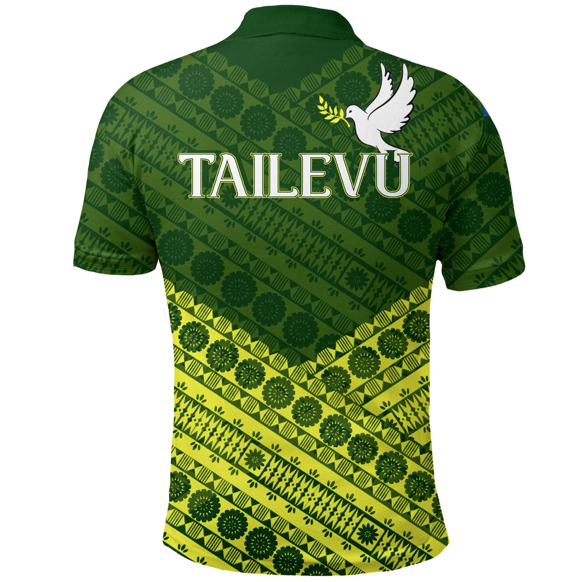 Green rugby polo back with TAILEVU text and tapa pattern, white dove graphic