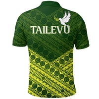 Green rugby polo back with TAILEVU text and tapa pattern, white dove graphic