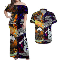 Purple off-shoulder maxi dress and matching short-sleeve shirt with tribal artwork