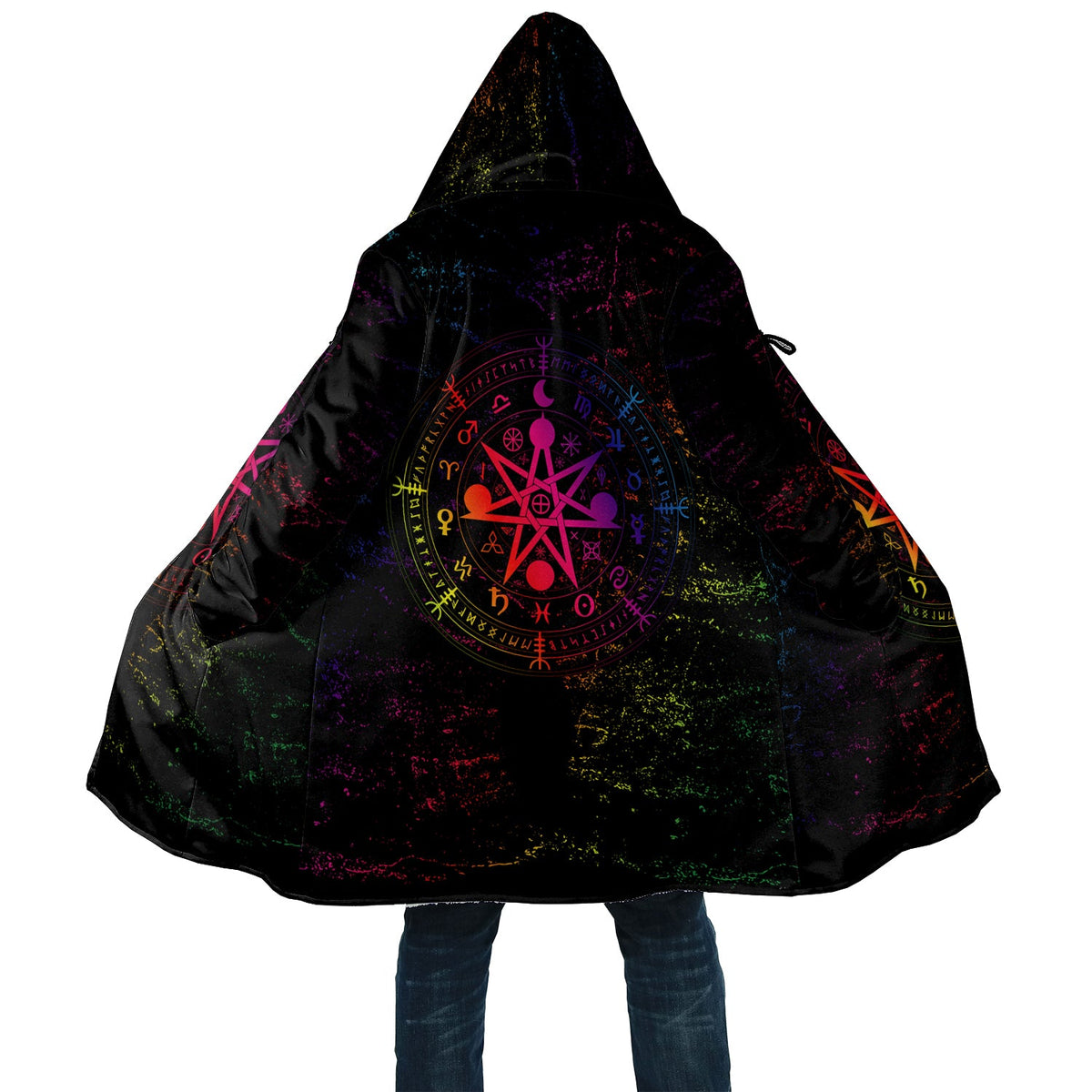 Black hooded cloak, back view with large rainbow pentagram magic circle design