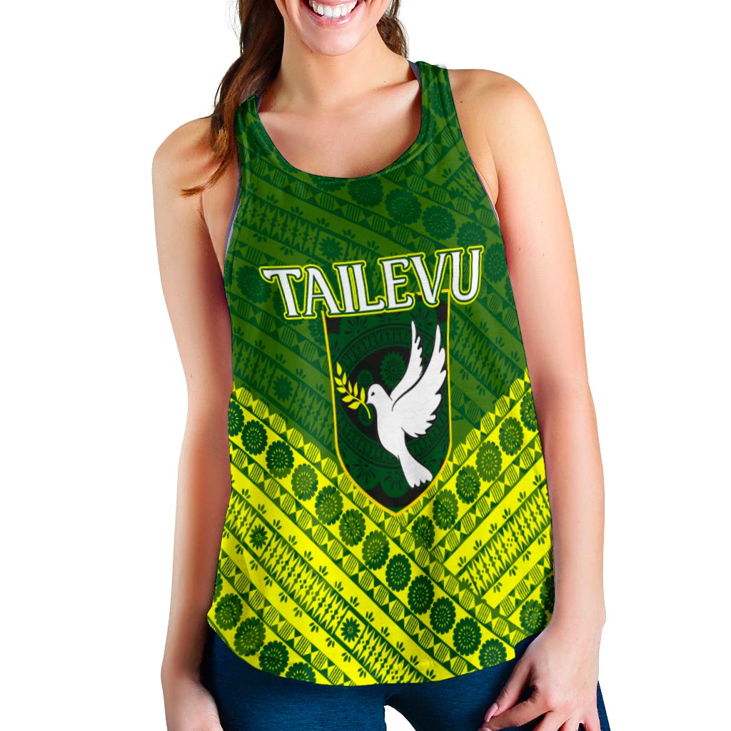 Green Tailevu racerback tank top with front logo and dove graphic over patterned print