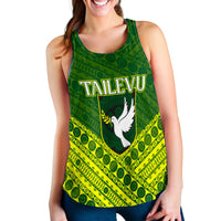 Green Tailevu racerback tank top with front logo and dove graphic over patterned print