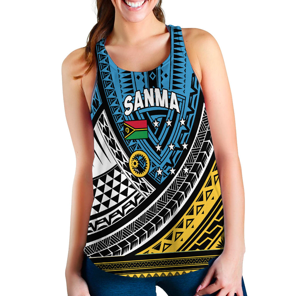 Blue tribal print women’s tank top with large central text graphic
