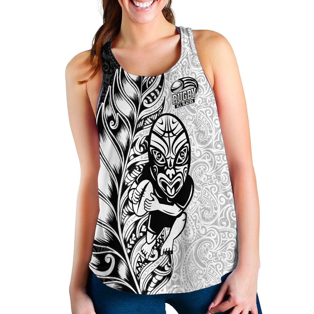 Women's white racerback tank with black Maori tribal graphic and rugby crest