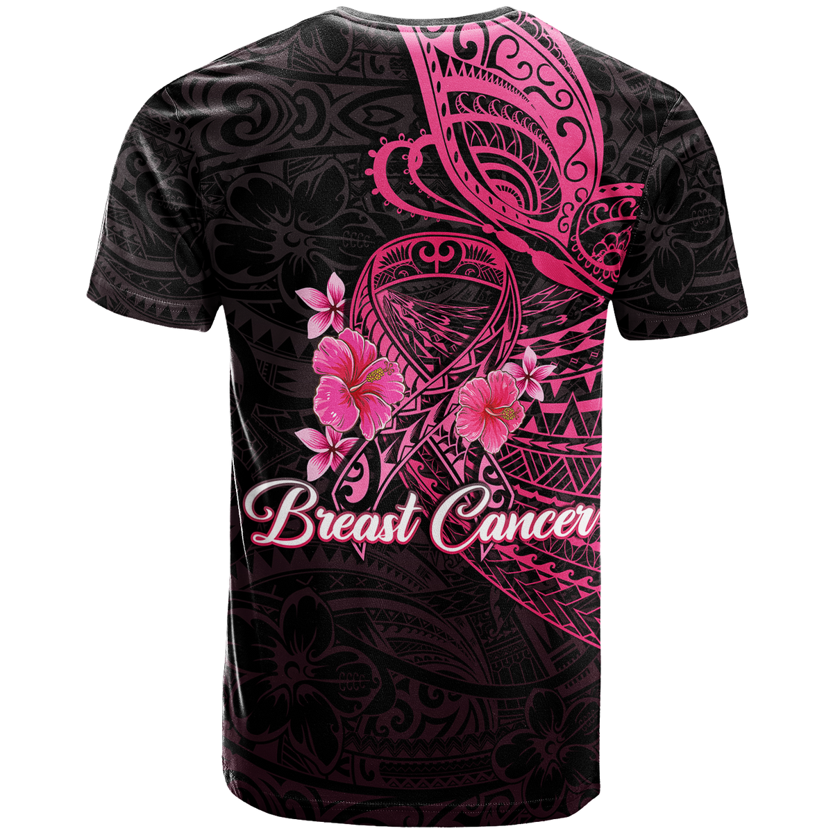 Black T-shirt with pink Polynesian butterfly, floral accents, and Breast Cancer text